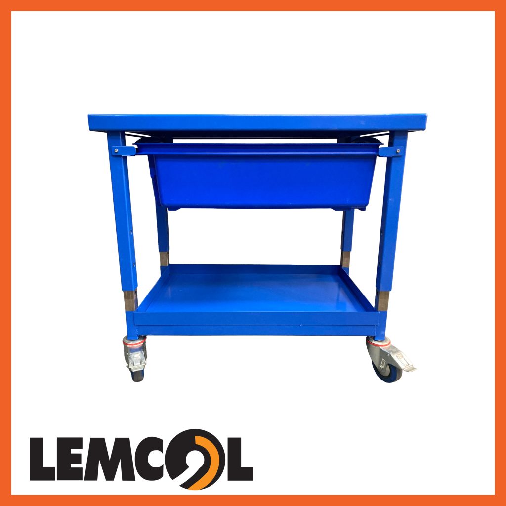 blue adjustable height steel work station with an undertray on castors