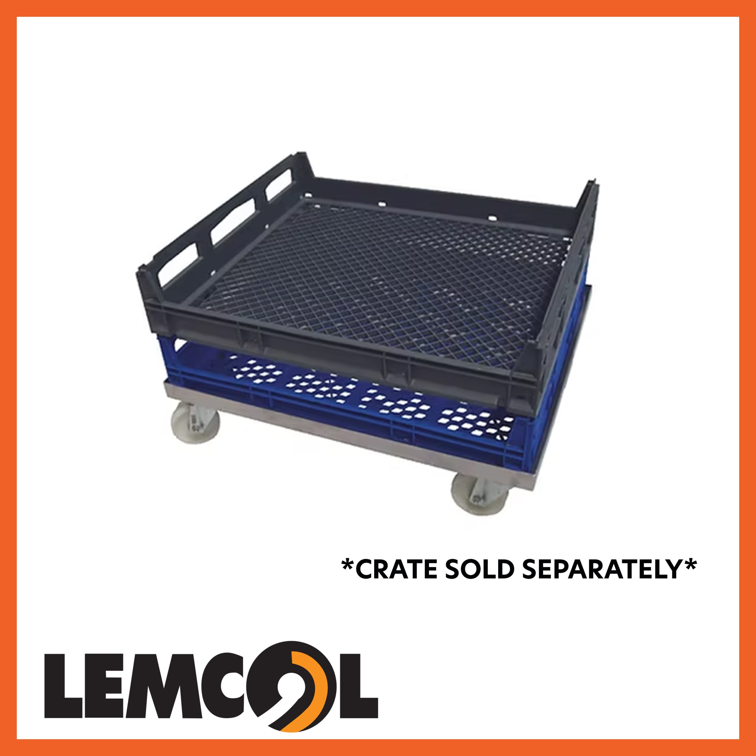 a silver dolly with white castor wheels carrying two empty bread crates stacked on top of each other