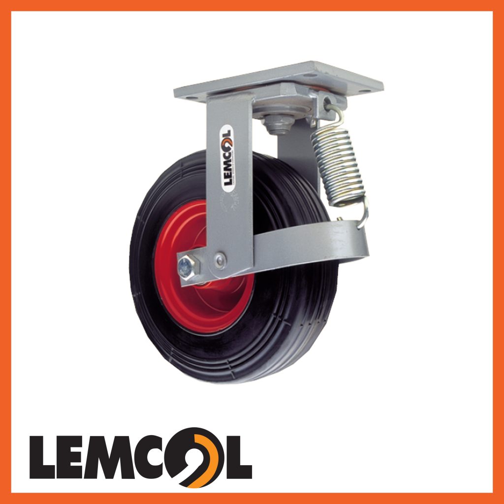 cushioned tyred castor wheel with a spring mechanism