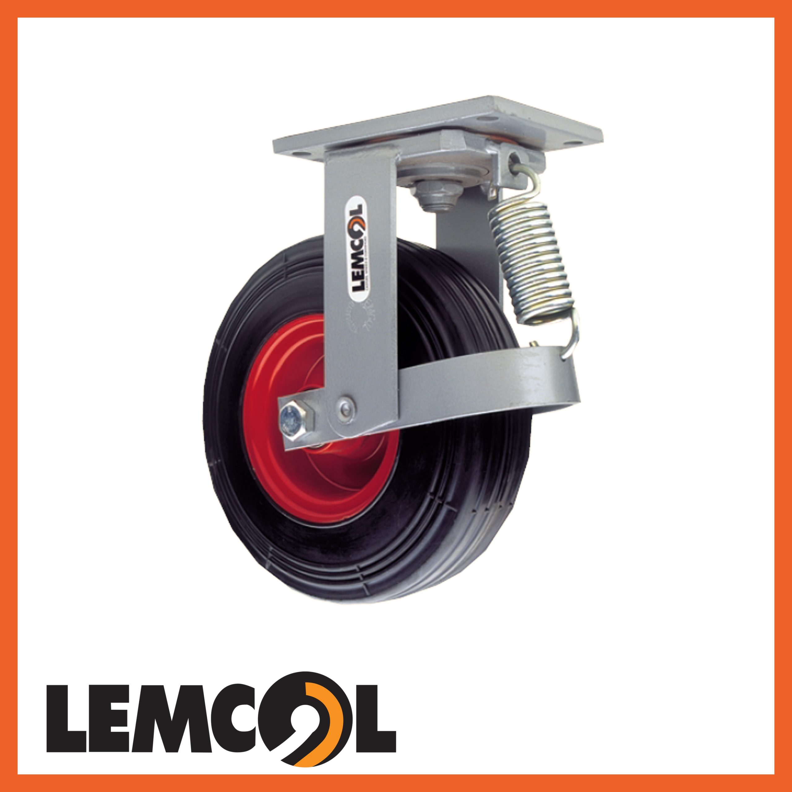 cushioned tyred castor wheel with a spring mechanism