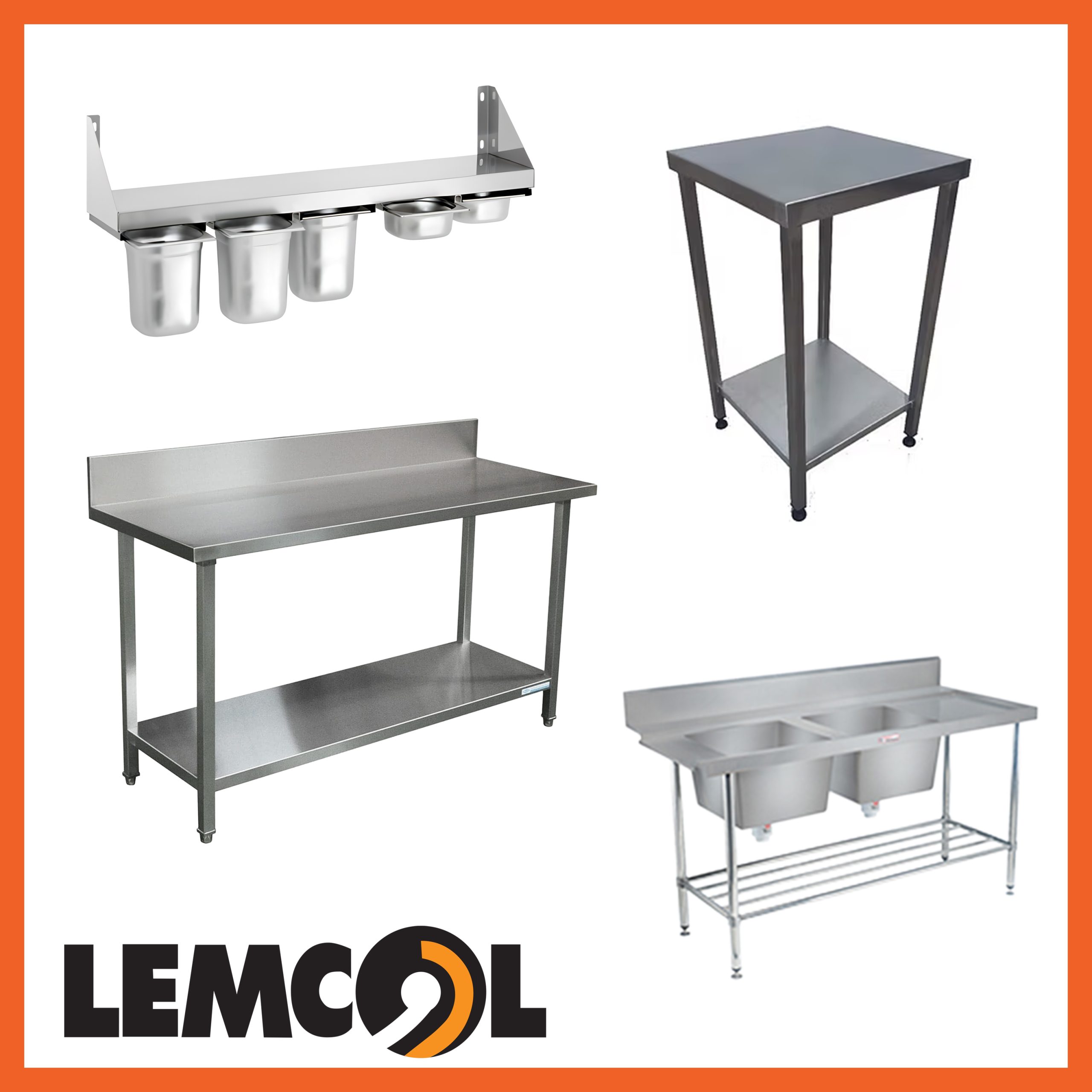 range of steel fixtures including a work bench, wall bench, two-sink bench, and a wall shelf for gastronorm pans