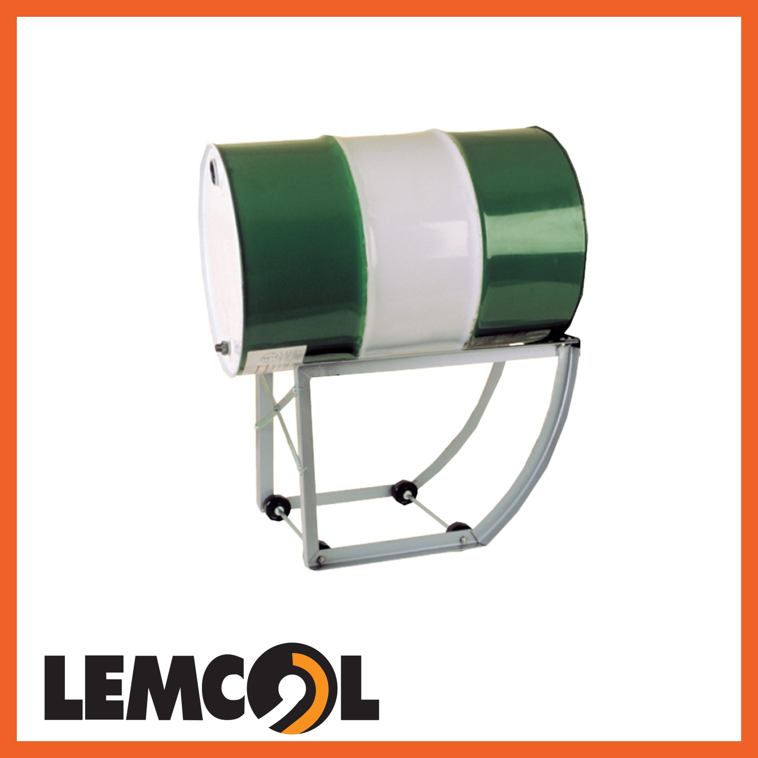 a white and green 200 litre drum barrel on top of a silver drum rack