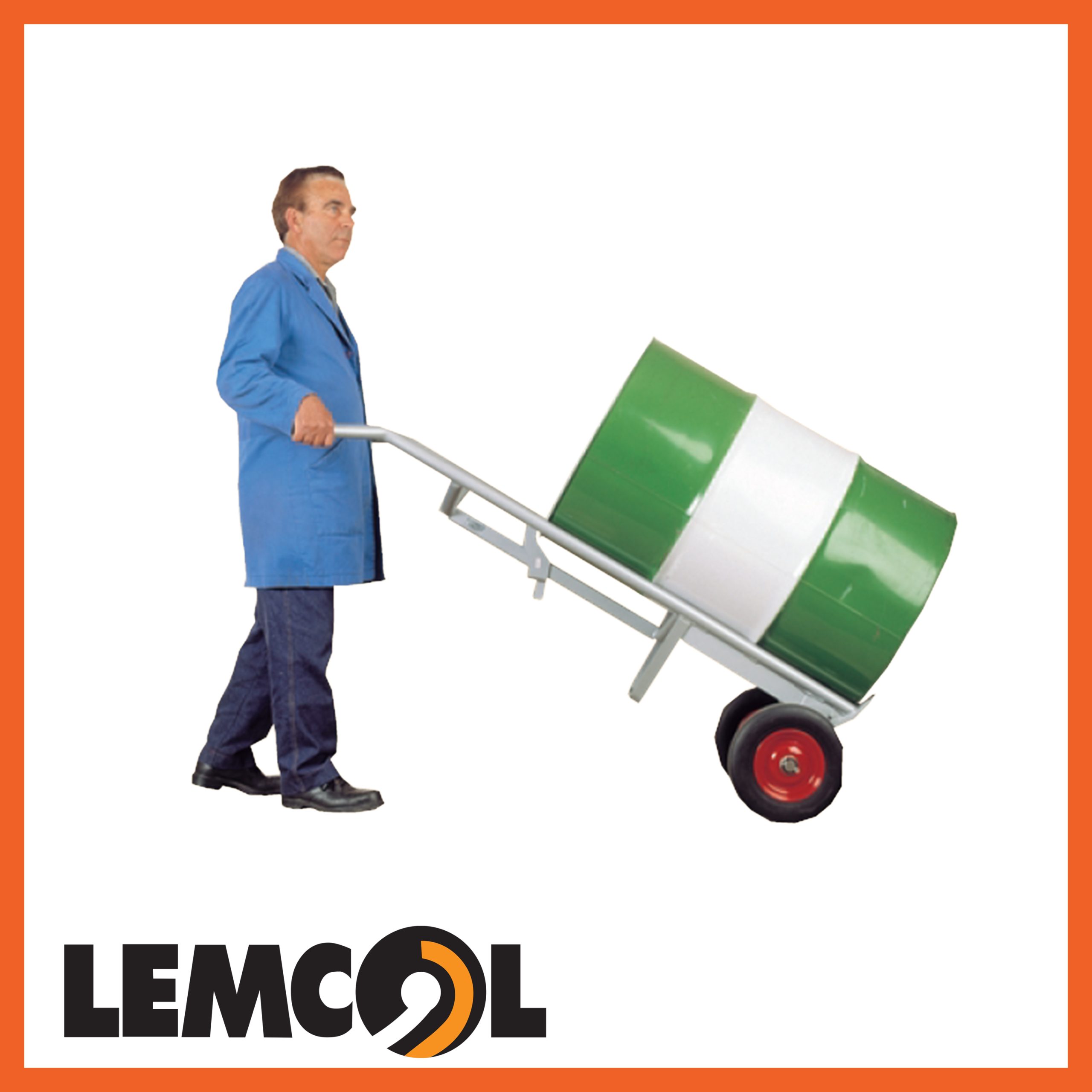 a man in a blue lab coat pushing a white and green drum barrel on a silver drum truck with red rimmed wheels