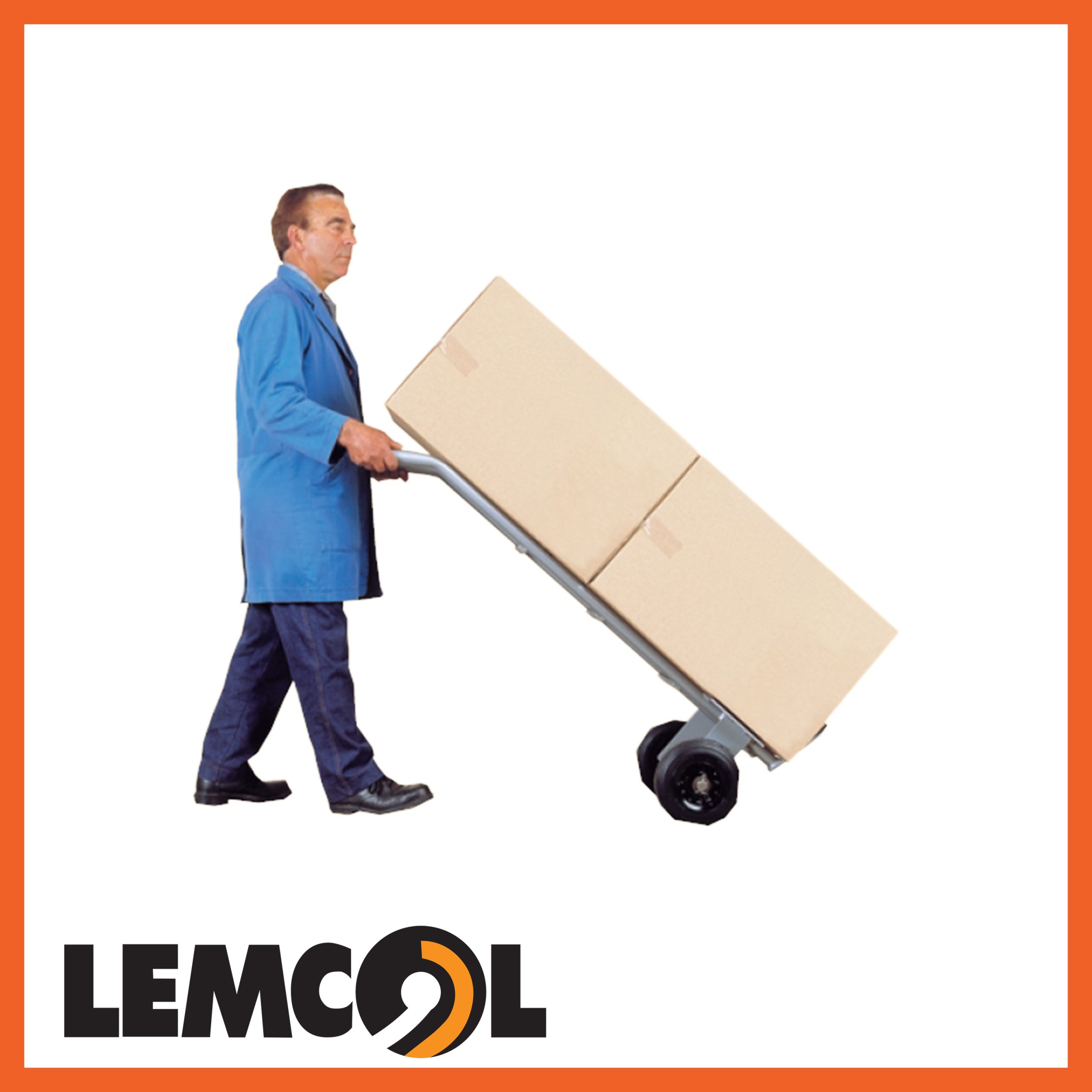 a man in a blue lab coat pushing a silver hand truck that is transporting two large cardboard boxes