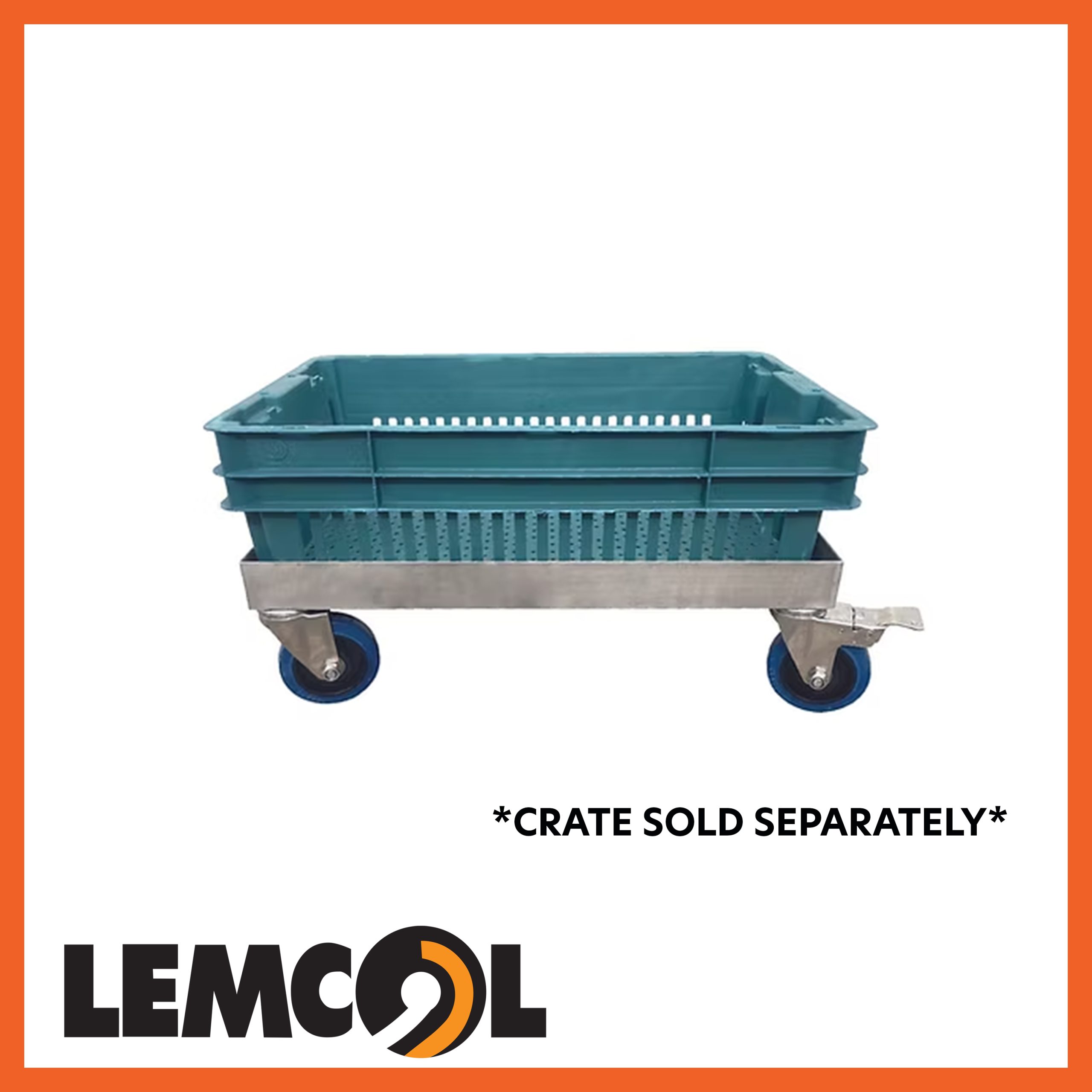 a silver dolly with blue castor wheels carrying an empty cyan crate