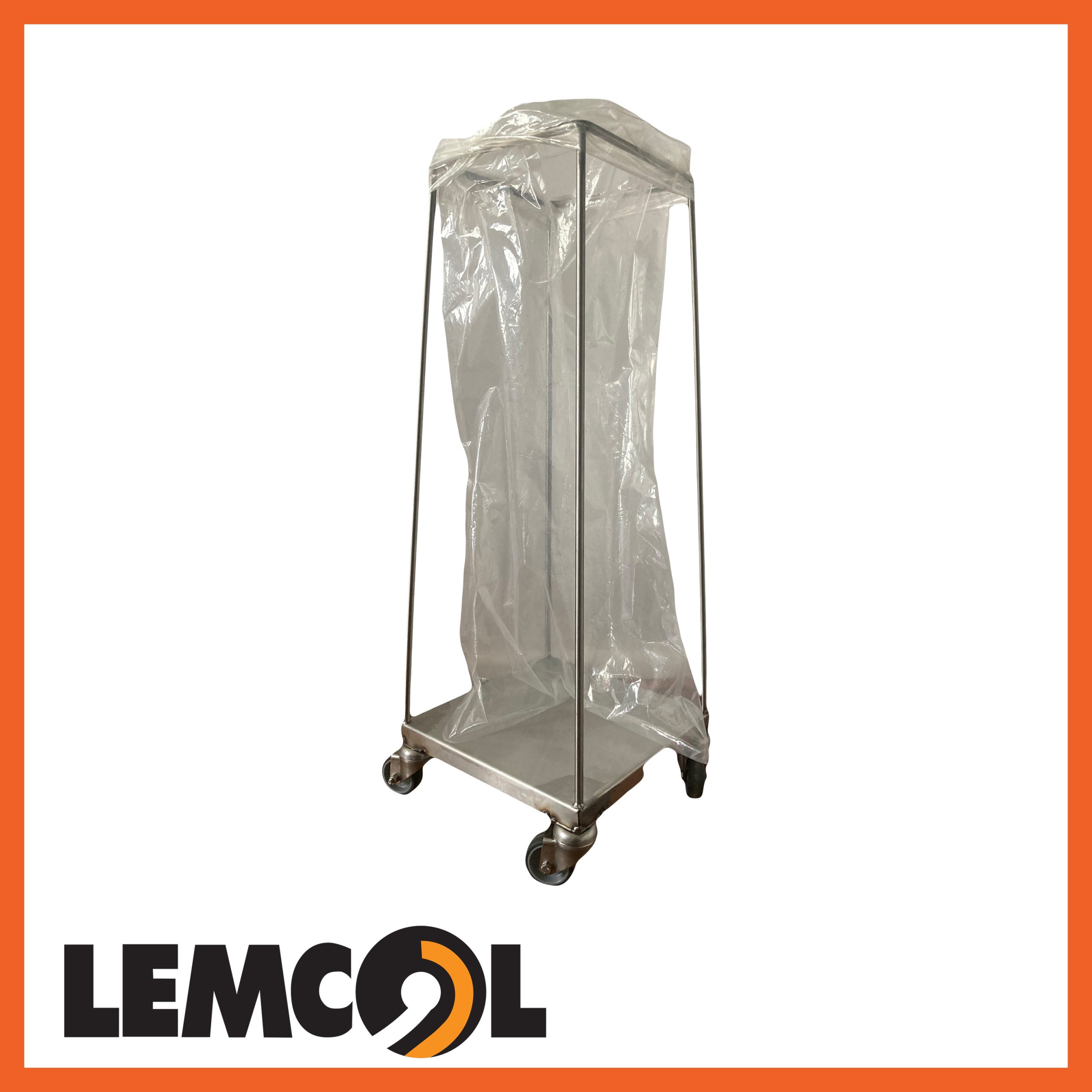 a steel trolley holding a clear rubbish back open