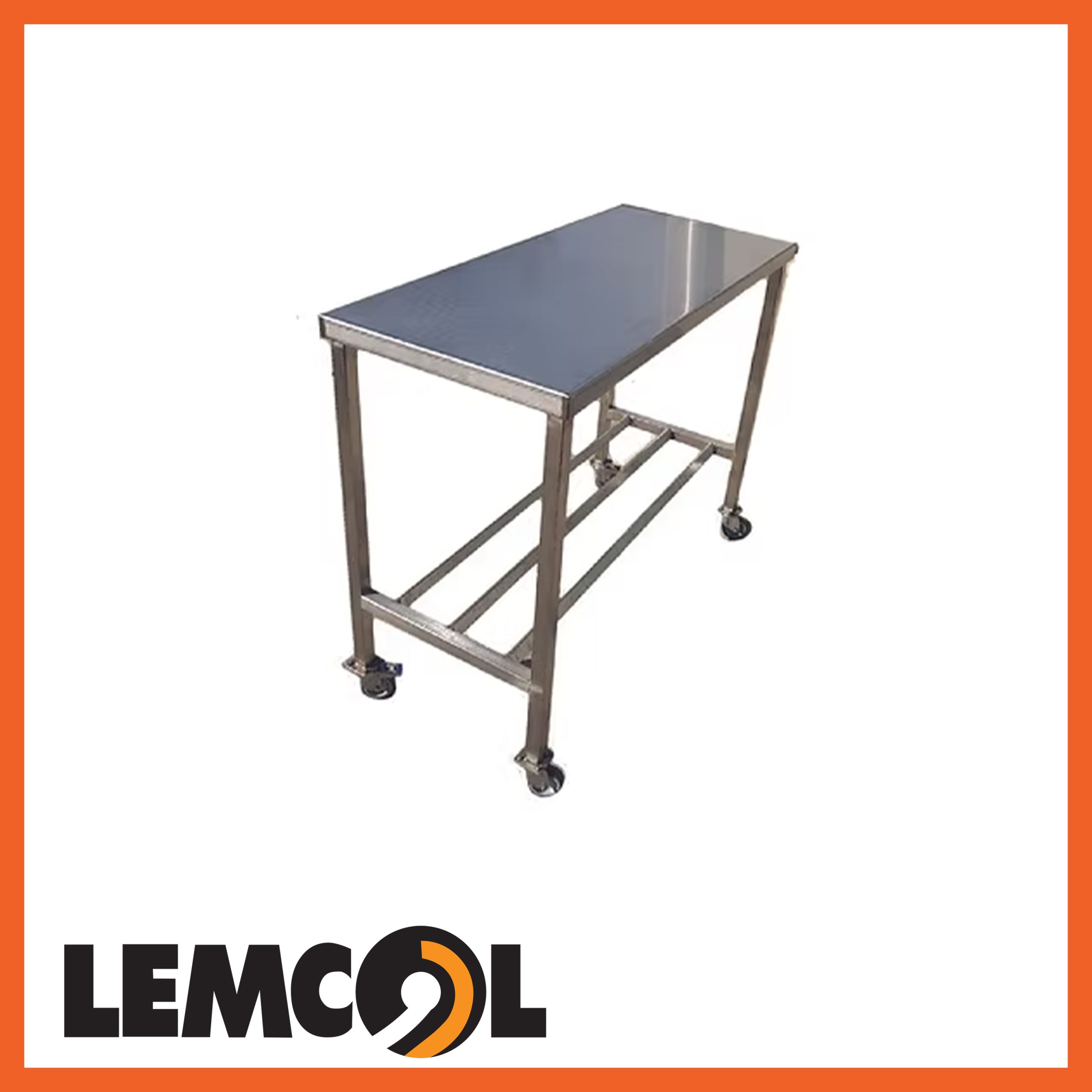 a silver, rectangular work bench on castor wheels