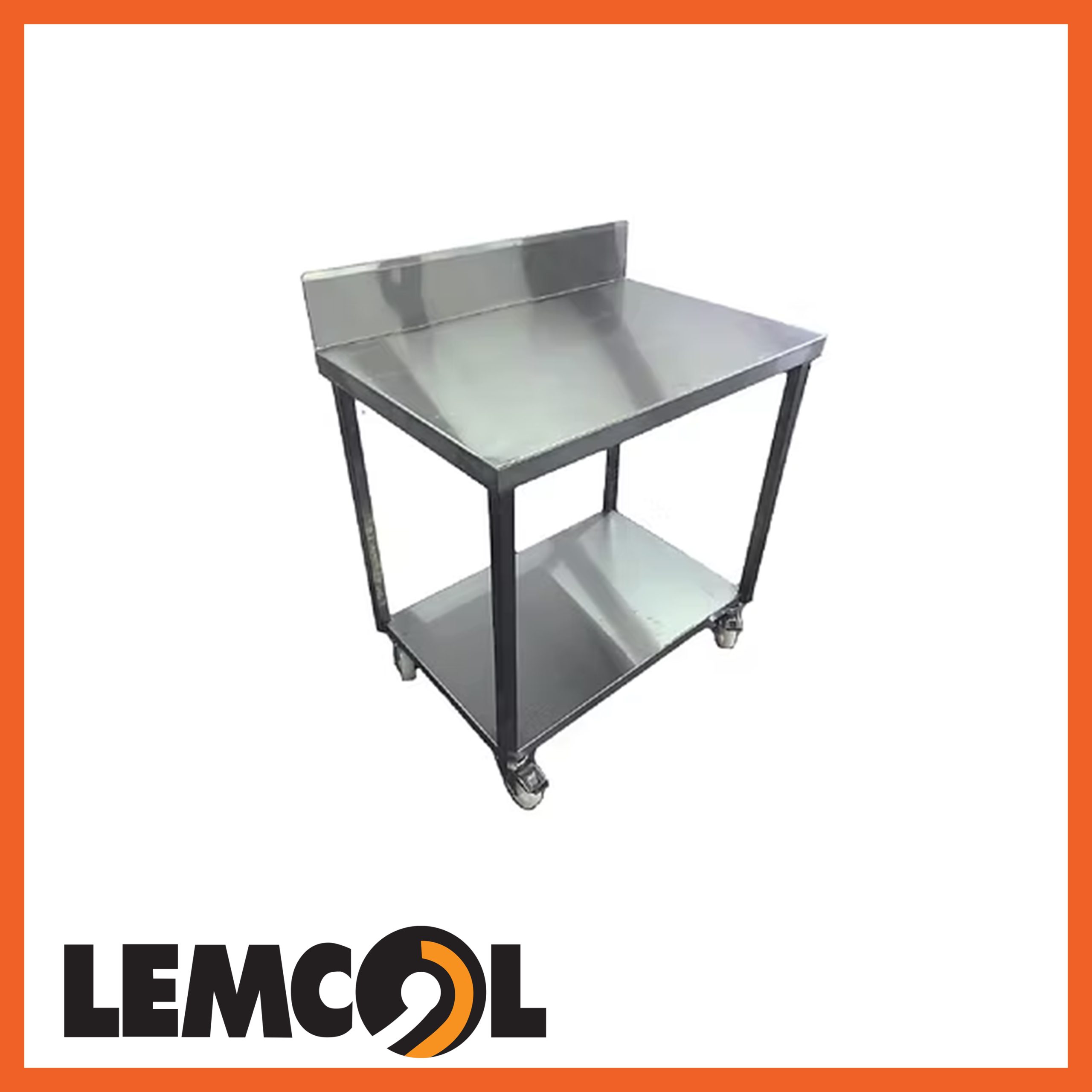 a silver, rectangular stainless steel work bench with white castors and an upper lip section at the back of the table-top