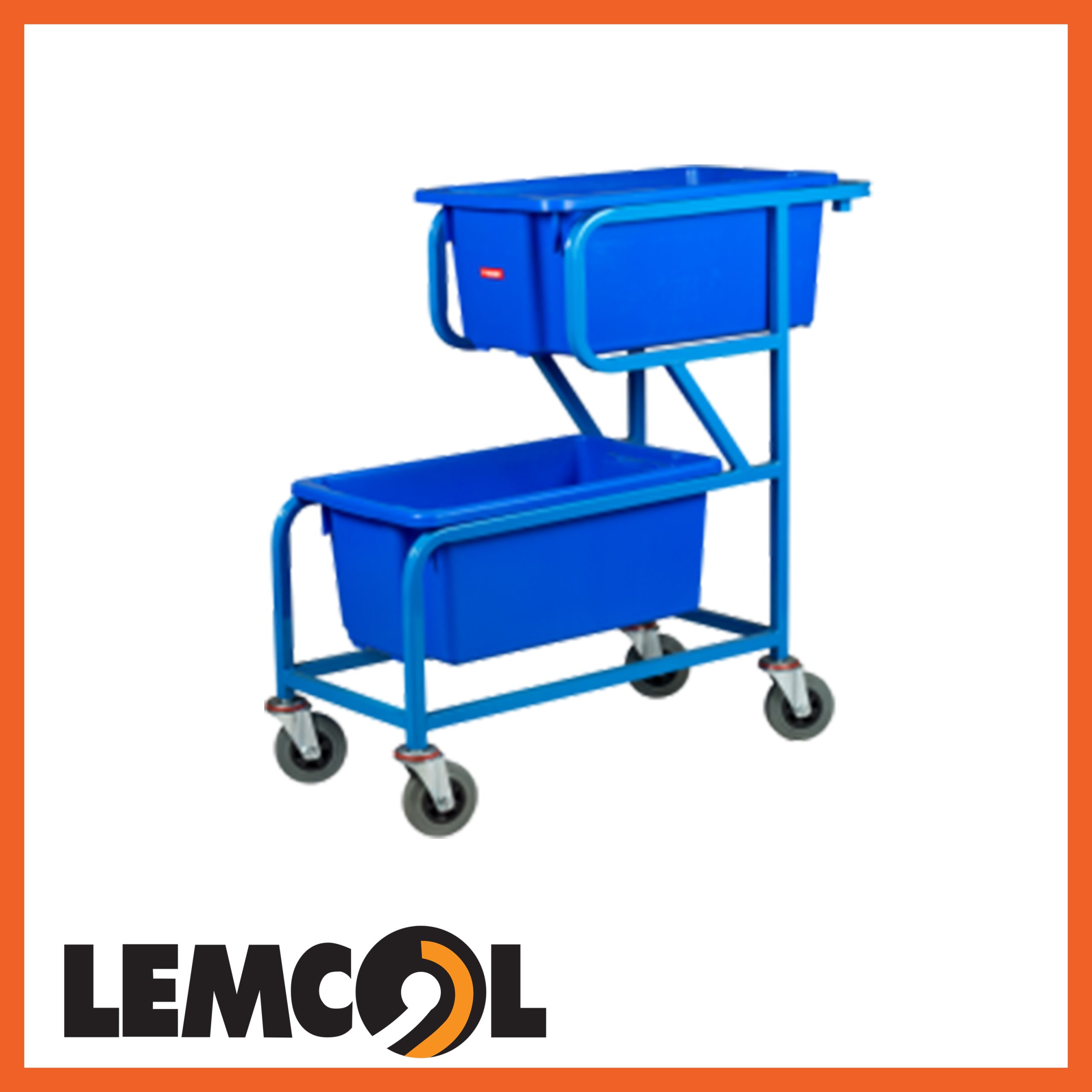 A two tier, blue order picking trolley with blue tubs inside, offset from each other
