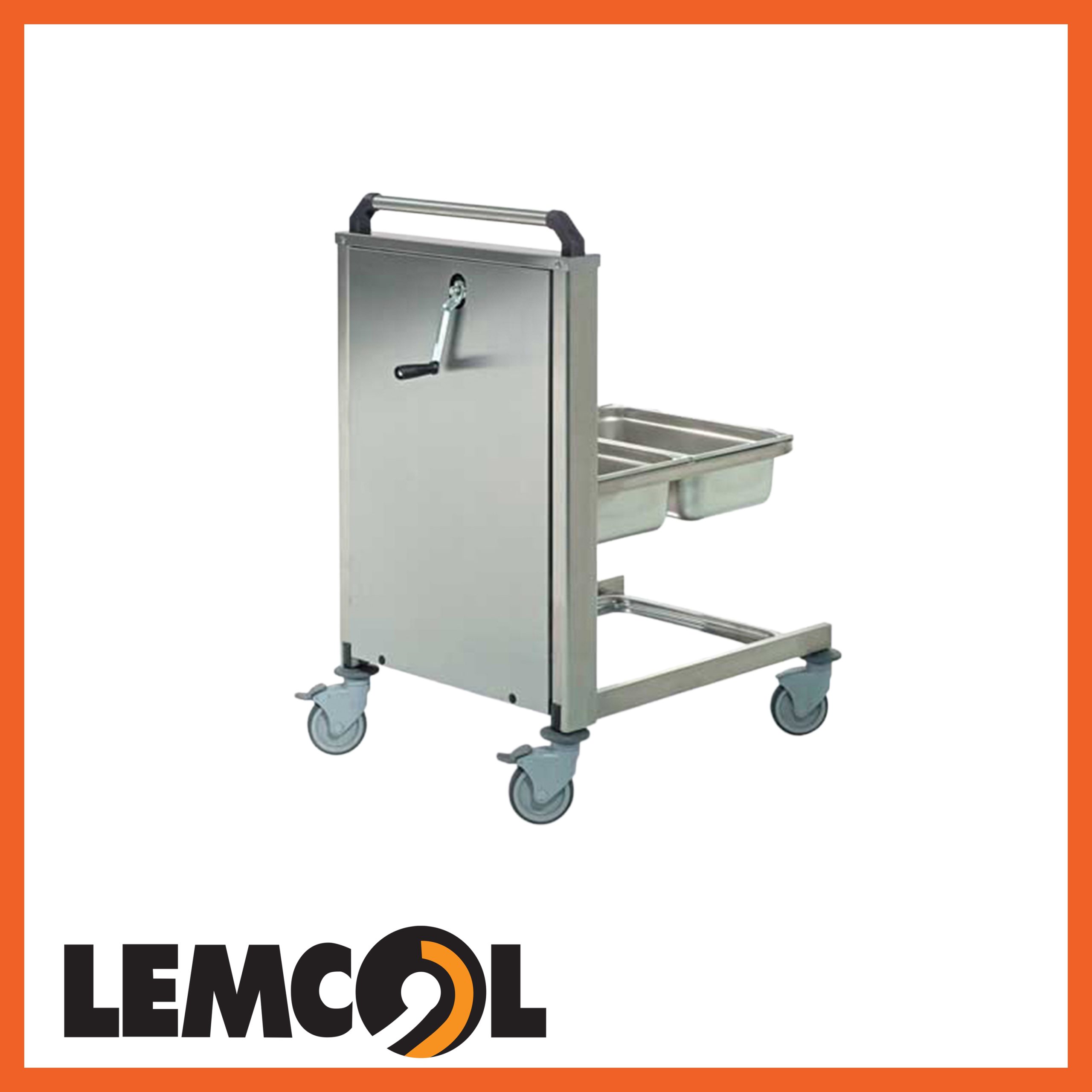 steel self-levelling trolley with gastronorm pans and a crank handle for operation