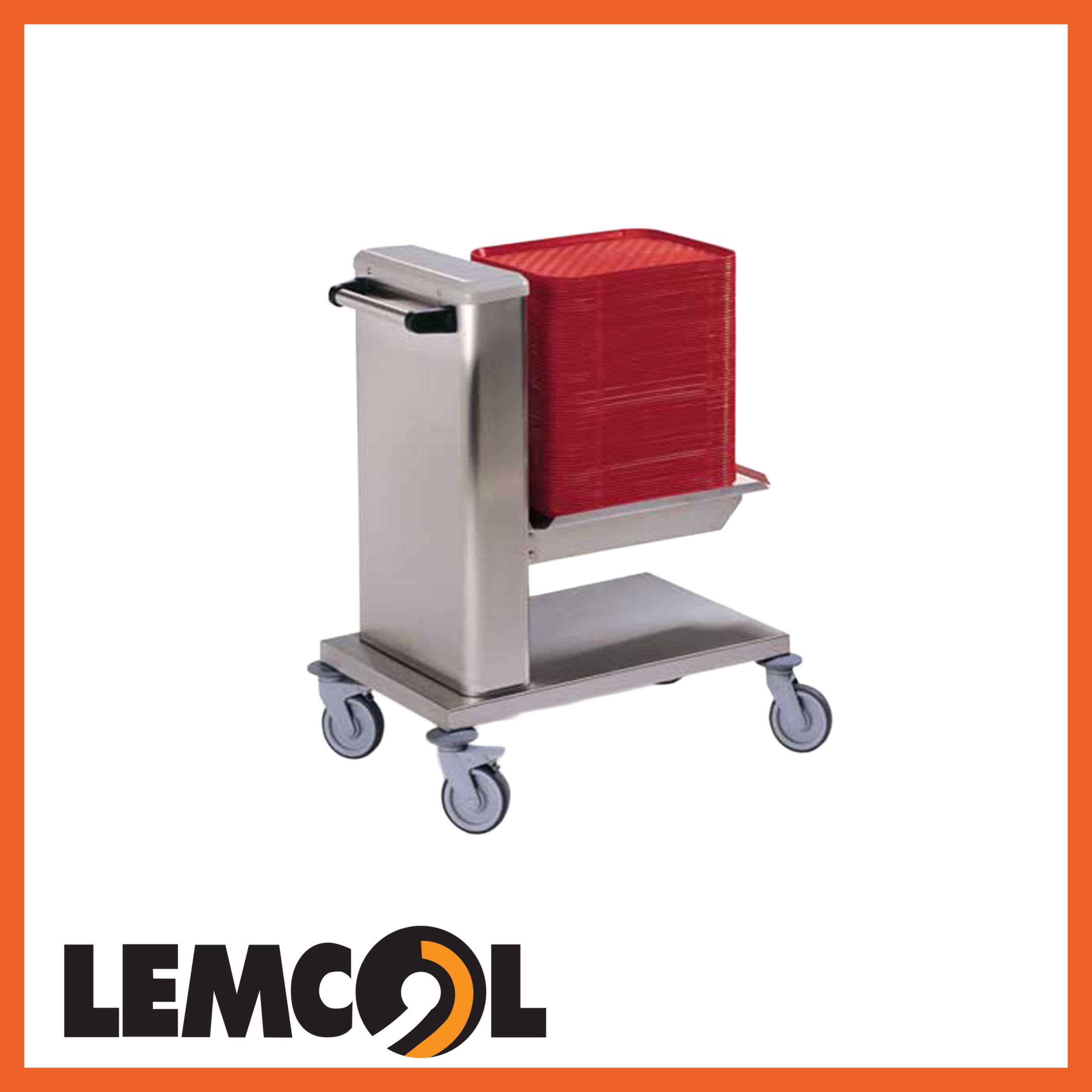 a steel self-levelling trolley with red plastic trays stacked on it