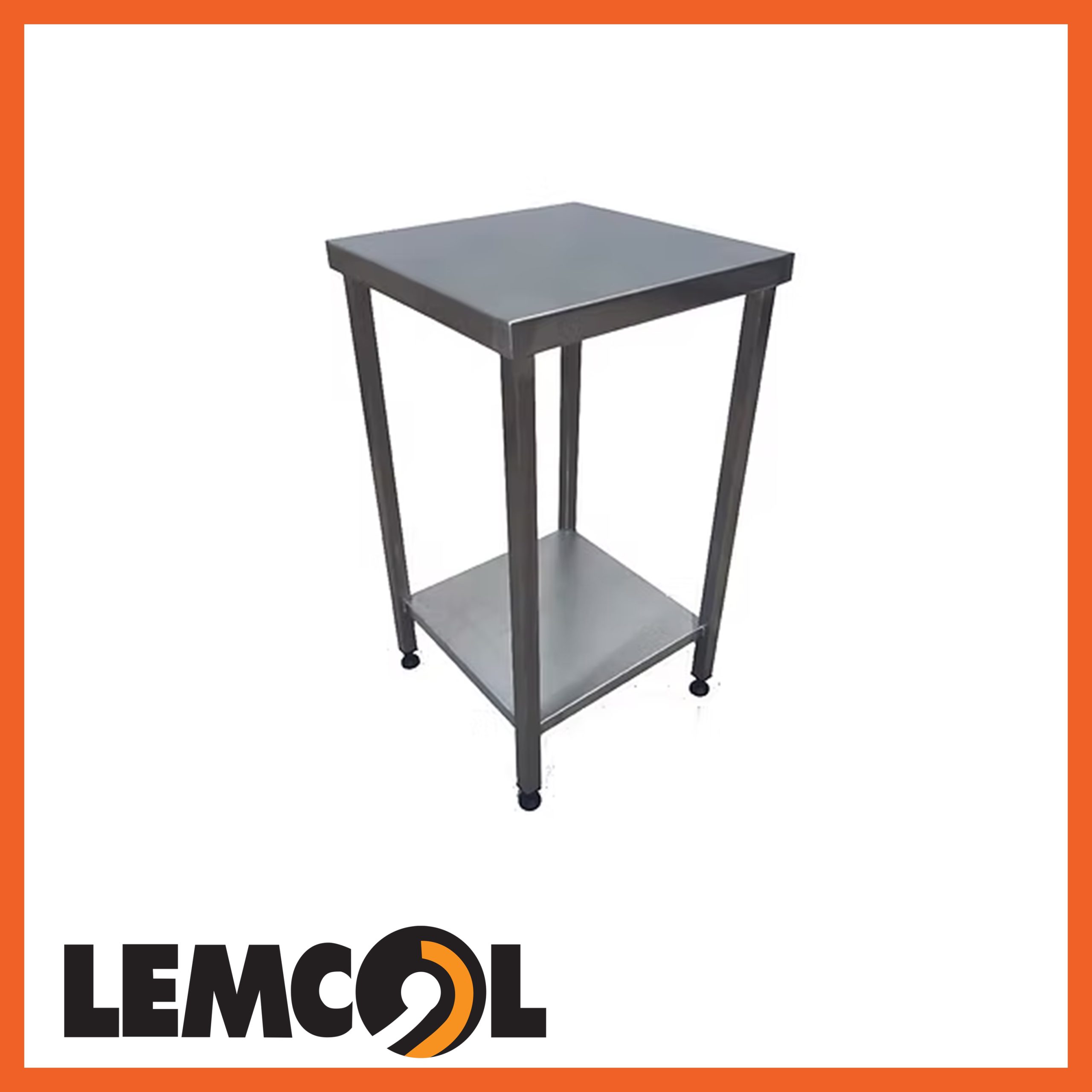 a silver, square, stainless steel workbench with 4 legs and a shelf at the bottom